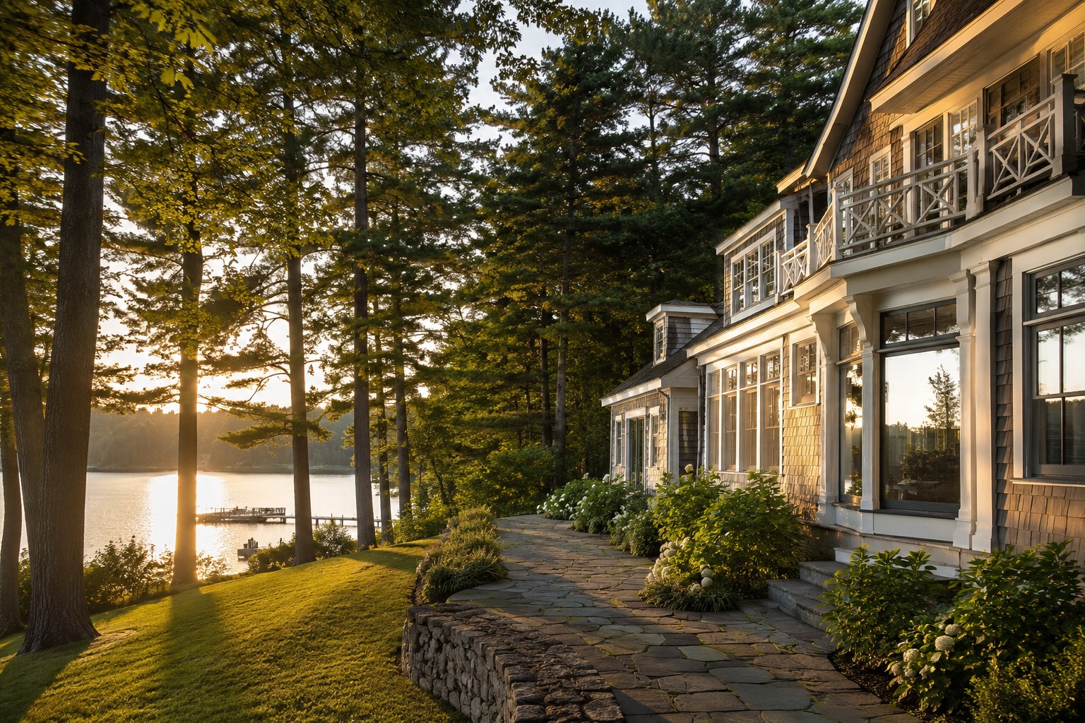 Premium lakefront exterior editorial abstraction — lake horizon, cedar stone home silhouette, clean siding in subdued light.