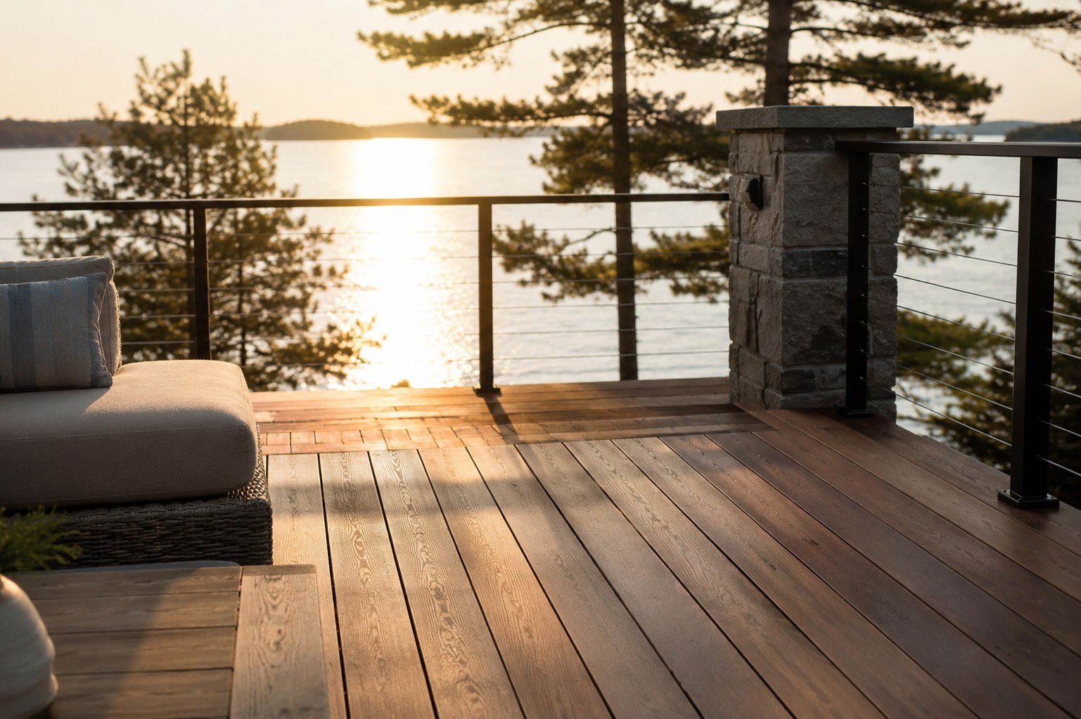 Deck and shoreline surface cleaning — cedar and lake color abstraction.